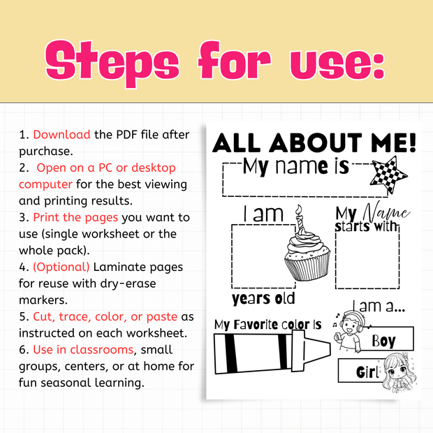 All About Me Worksheets | Back to School Activities for Preschool & Kindergarten