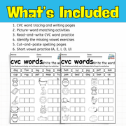 CVC Word tracing and writing pages Worksheets | Phonics, Spelling, Writing & Reading Practice and Cut-and-paste spelling pages for Kids