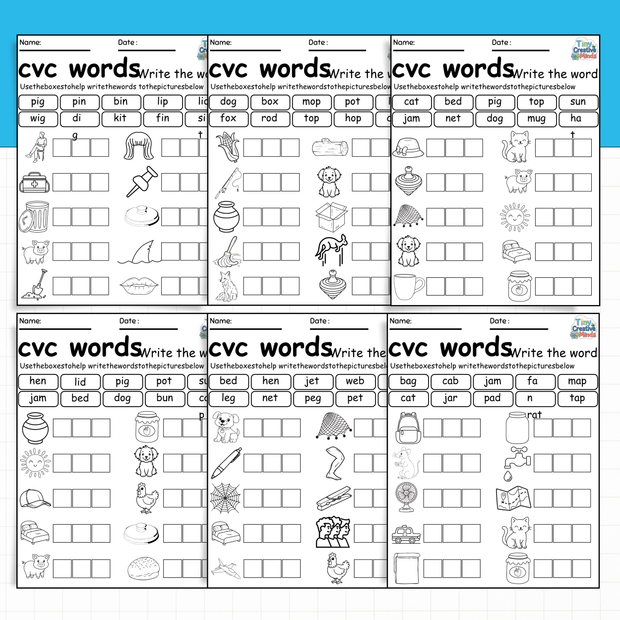 CVC Word tracing and writing pages Worksheets | Phonics, Spelling, Writing & Reading Practice and Cut-and-paste spelling pages for Kids