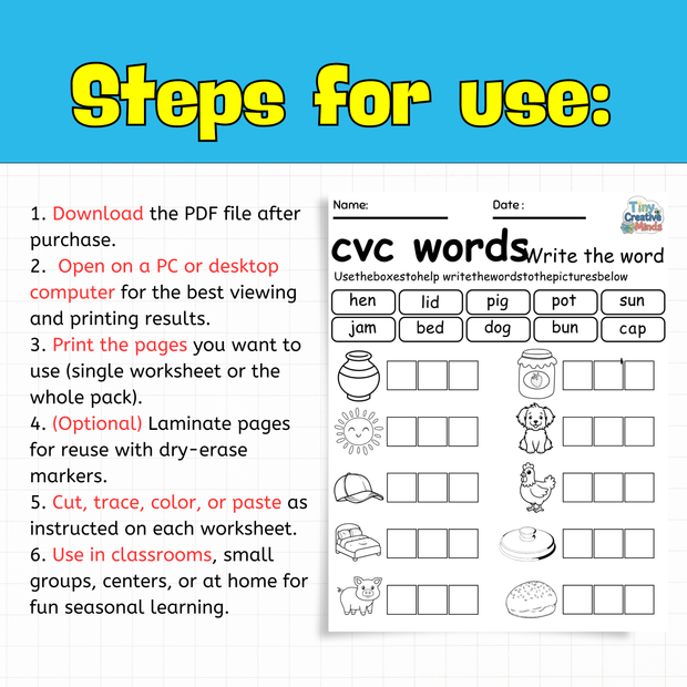 CVC Word tracing and writing pages Worksheets | Phonics, Spelling, Writing & Reading Practice and Cut-and-paste spelling pages for Kids
