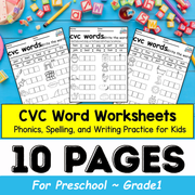 CVC Word tracing and writing pages Worksheets | Phonics, Spelling, Writing & Reading Practice and Cut-and-paste spelling pages for Kids