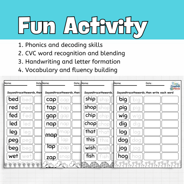 CVC Word Worksheets | Phonics Tracing, Reading & Writing Practice for Kids
