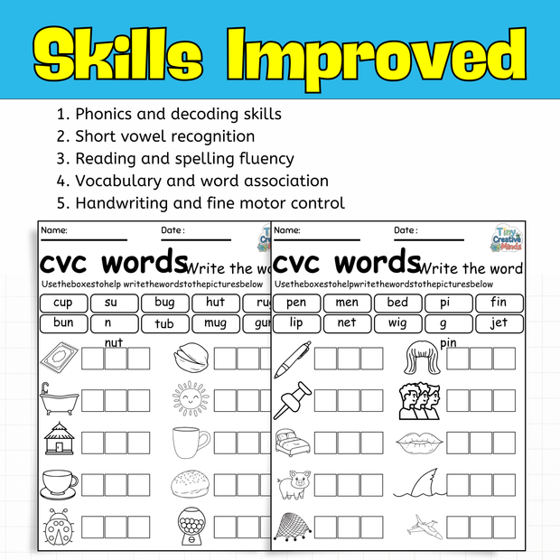 CVC Word tracing and writing pages Worksheets | Phonics, Spelling, Writing & Reading Practice and Cut-and-paste spelling pages for Kids