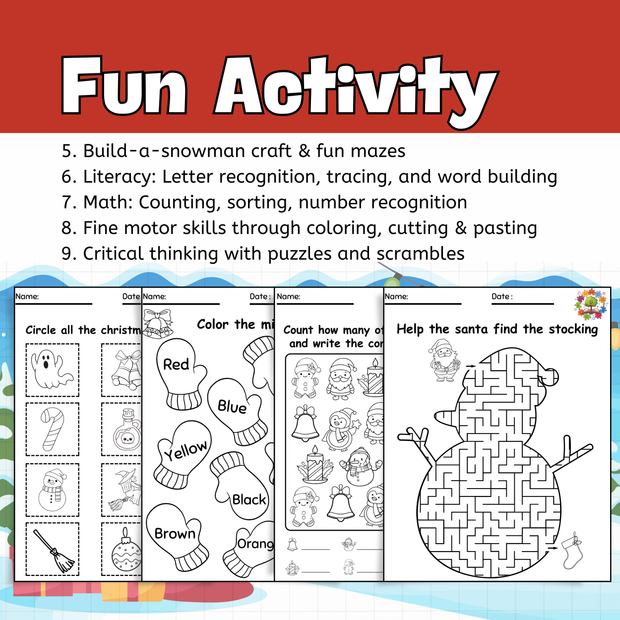 Christmas Activity Worksheets | Fun Holiday Literacy & Math for Kids