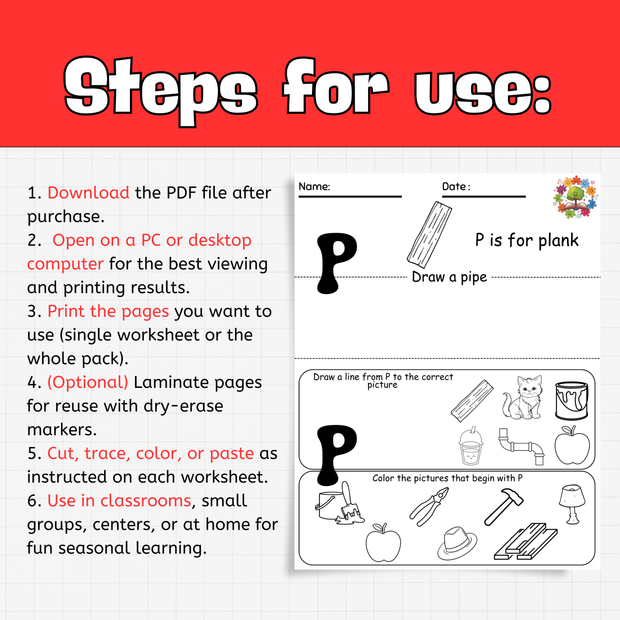 Construction Worker Community Helper | Letter P Worksheets | Preschool & Kindergarten