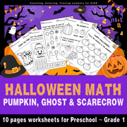 Halloween Math Literacy Worksheets | Pumpkin, Ghost & Scarecrow Activities for Preschool ~ Grade 1