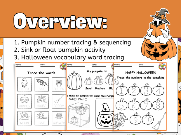 Halloween Math Literacy Worksheets | Pumpkin, Ghost & Scarecrow Activities for Preschool ~ Grade 1
