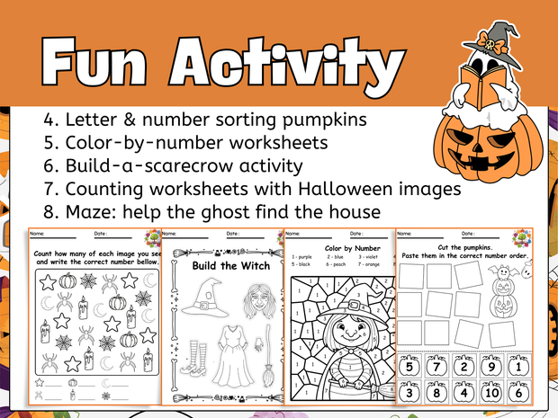 Halloween Math Literacy Worksheets | Pumpkin, Ghost & Scarecrow Activities for Preschool ~ Grade 1