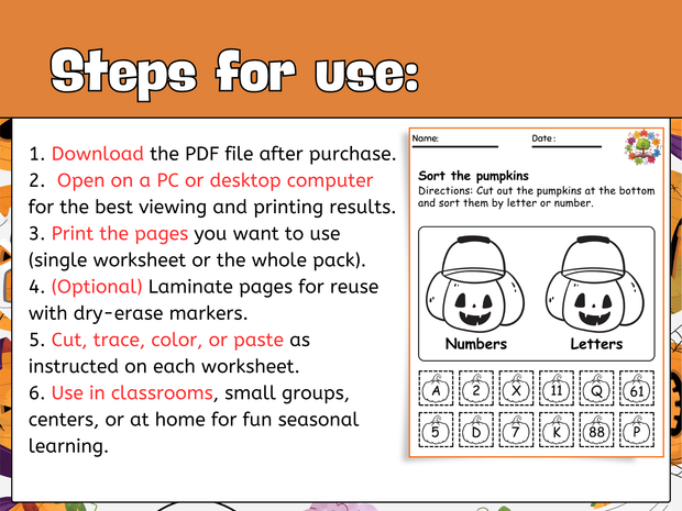 Halloween Math Literacy Worksheets | Pumpkin, Ghost & Scarecrow Activities for Preschool ~ Grade 1