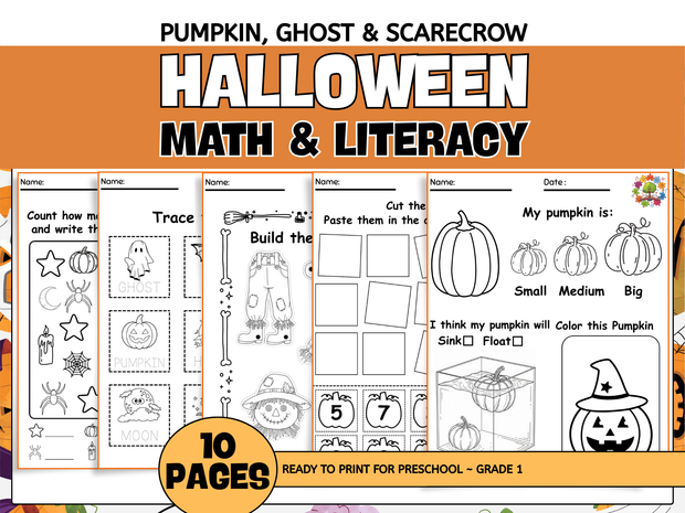 Halloween Math Literacy Worksheets | Pumpkin, Ghost & Scarecrow Activities for Preschool ~ Grade 1