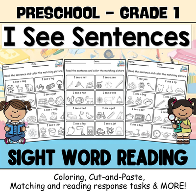 I See Sentences Worksheets | Sight Word Reading, Coloring & Cut-and-Paste Pack