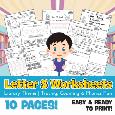 Letter S Worksheets | Library Theme | Tracing, Counting, Coloring & Phonics Fun