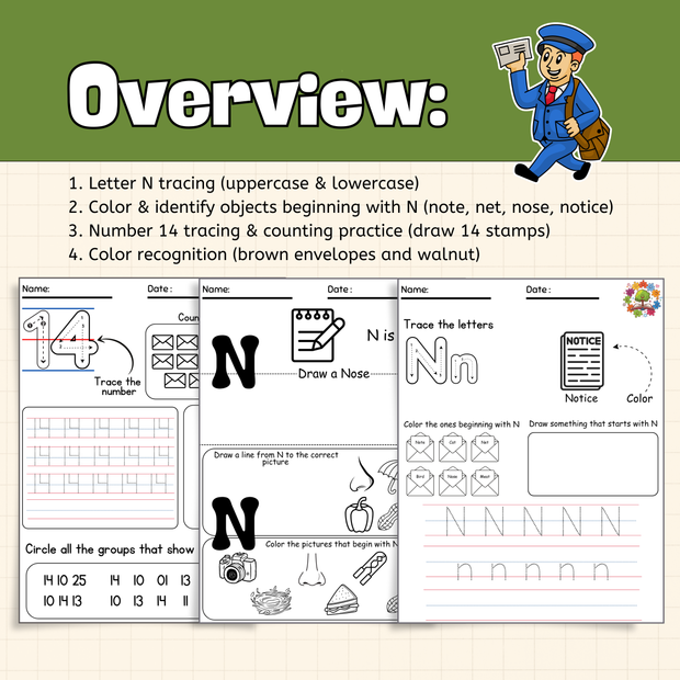 Mail Carrier Community Helper | Letter N Worksheets for Preschool and Kindergarten - PDF