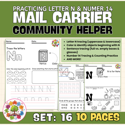 Mail Carrier Community Helper | Letter N Worksheets for Preschool and Kindergarten - PDF