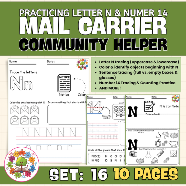 Mail Carrier Community Helper | Letter N Worksheets for Preschool and Kindergarten - PDF