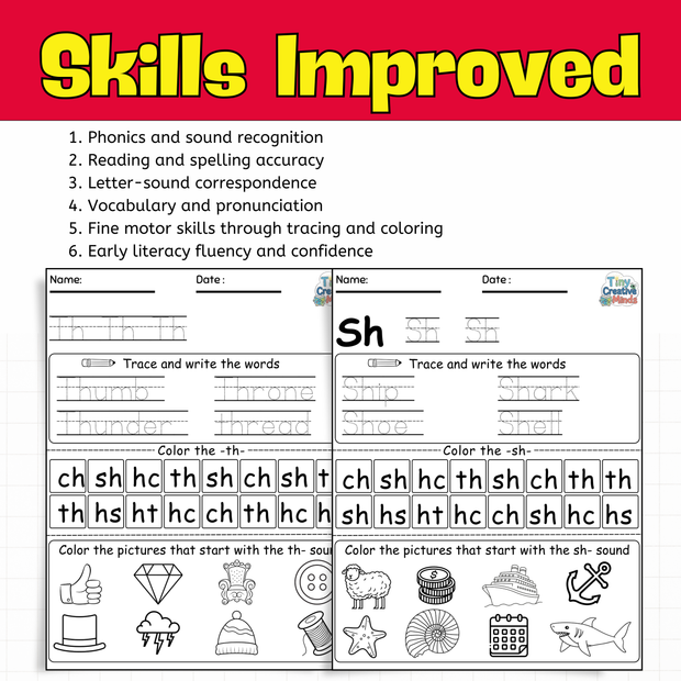 Phonics Blends & Digraphs Worksheets | CH SH TH WH CL ST BR DR FL SN Activities