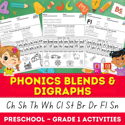 Phonics Blends & Digraphs Worksheets | CH SH TH WH CL ST BR DR FL SN Activities