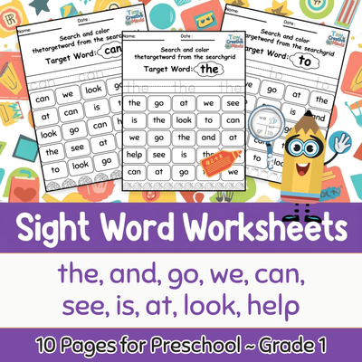 Sight Word Worksheets | Search, Color & Read | the, and, go, we, can, see, is, at, look, help