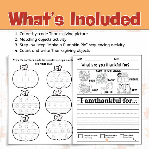 Thanksgiving Morning Tub Worksheets | Math, Literacy & Fine Motor Activities - FREE