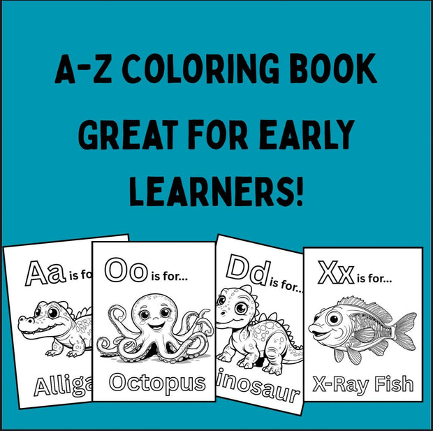 A-Z alphabet coloring book for kids – educational animal ABC pages, printable PDF activity workbook for toddlers, preschool, and kindergarten learning