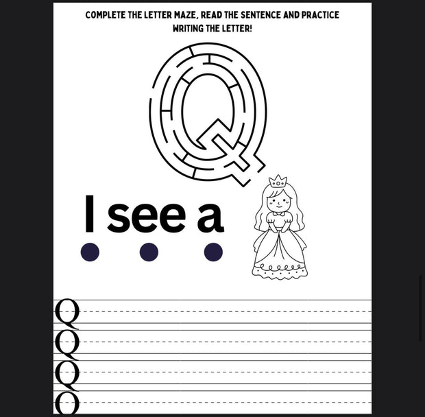 Alphabet maze and tracing book – A–Z letter practice worksheets for preschool and kindergarten, printable ABC learning activities for kids