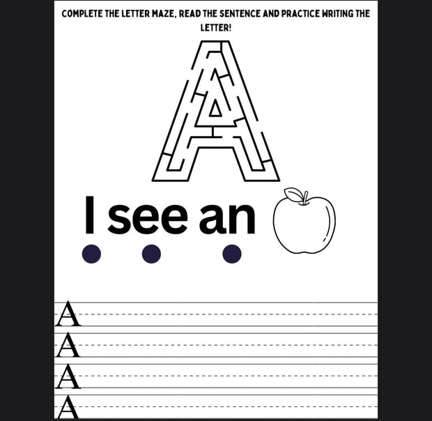 Alphabet maze and tracing book – A–Z letter practice worksheets for preschool and kindergarten, printable ABC learning activities for kids