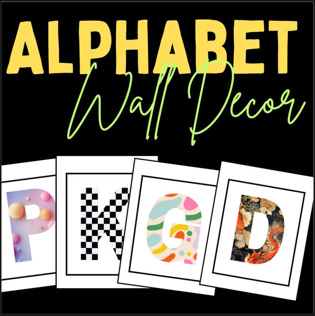 Alphabet wall decor – A–Z classroom posters with bright ABC letters, printable alphabet art PDF for preschool, kindergarten, and homeschool learning spaces