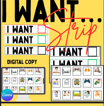 I Want visual sentence strip – editable communication board for kids, autism PECS printable, speech therapy AAC tool PDF