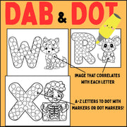 Alphabet dot marker activity pages A-Z | printable dab and dot worksheets for preschool | ABA therapy, speech therapy, occupational therapy, early learning resource