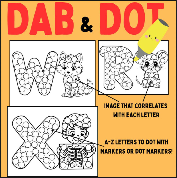 Alphabet dot marker activity pages A-Z | printable dab and dot worksheets for preschool | ABA therapy, speech therapy, occupational therapy, early learning resource
