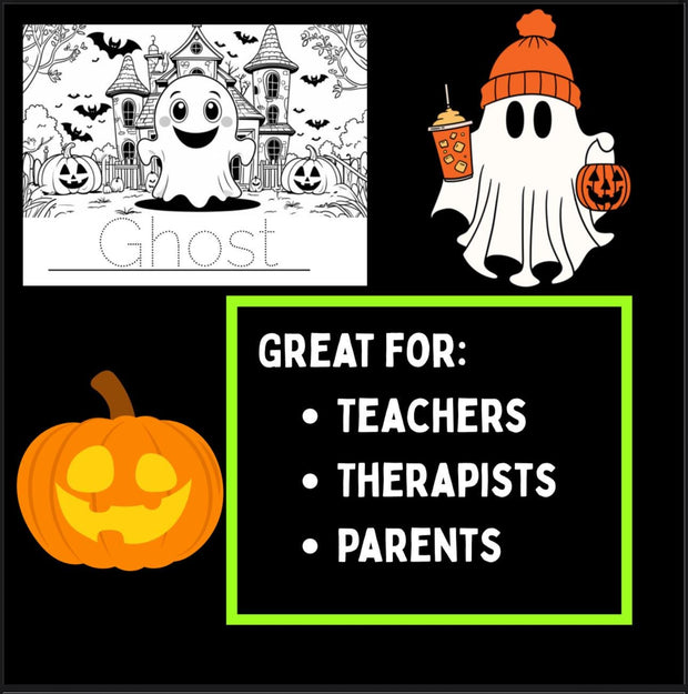 Halloween coloring and name tracing worksheets | 15 cute printable pages for kids | preschool and kindergarten holiday activity PDF