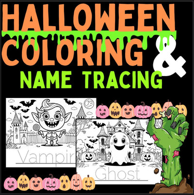 Halloween coloring and name tracing worksheets | 15 cute printable pages for kids | preschool and kindergarten holiday activity PDF