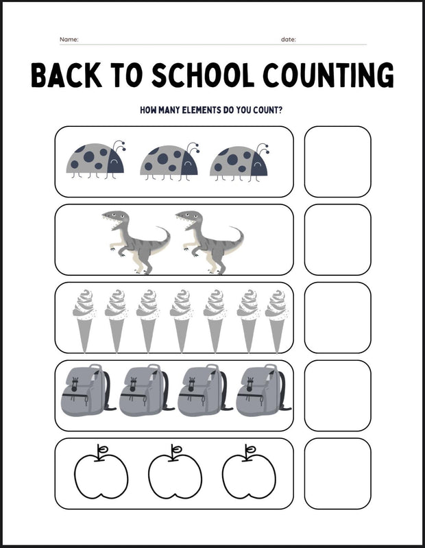 Free back to school counting worksheets | printable math activity for kids | preschool and kindergarten number practice PDF