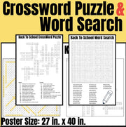 Back to school crossword puzzle and word search poster | 27x40 classroom wall activity | first week of school game and teacher icebreaker