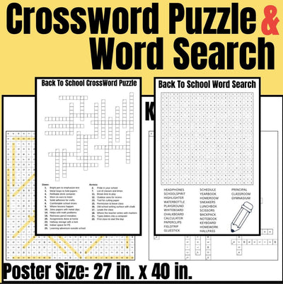 Back to school crossword puzzle and word search poster | 27x40 classroom wall activity | first week of school game and teacher icebreaker