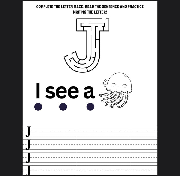 Alphabet maze and tracing book – A–Z letter practice worksheets for preschool and kindergarten, printable ABC learning activities for kids