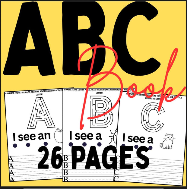 Alphabet maze and tracing book – A–Z letter practice worksheets for preschool and kindergarten, printable ABC learning activities for kids