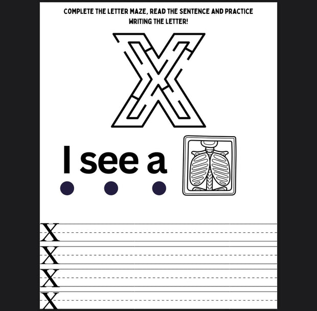 Alphabet maze and tracing book – A–Z letter practice worksheets for preschool and kindergarten, printable ABC learning activities for kids