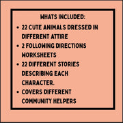 Preschool literacy coloring book – read and find activities with community helpers, animal worksheets, and following directions practice, printable PDF for kids
