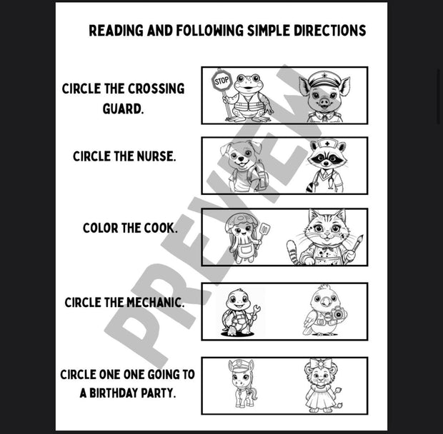 Preschool literacy coloring book – read and find activities with community helpers, animal worksheets, and following directions practice, printable PDF for kids