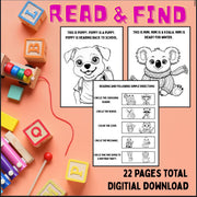 Preschool literacy coloring book – read and find activities with community helpers, animal worksheets, and following directions practice, printable PDF for kids