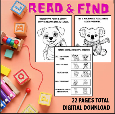 Preschool literacy coloring book – read and find activities with community helpers, animal worksheets, and following directions practice, printable PDF for kids