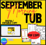 September morning tubs for preschool and kindergarten | no-prep printable centers | fine motor, math and literacy activities | editable PDF classroom resource