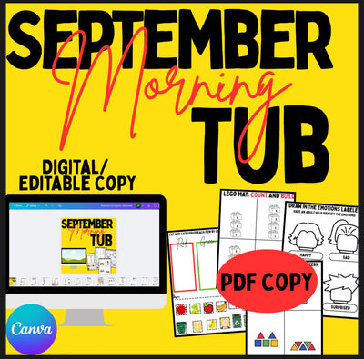 September morning tubs for preschool and kindergarten | no-prep printable centers | fine motor, math and literacy activities | editable PDF classroom resource