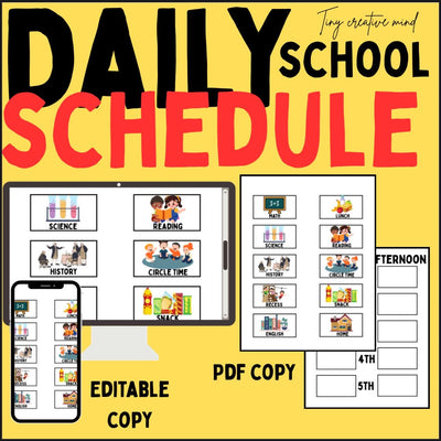 Editable daily school schedule printable – visual routine chart with icons, Canva template PDF for homeschool and classroom planner organization