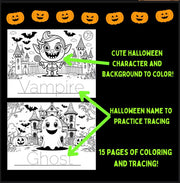 Halloween coloring and name tracing worksheets | 15 cute printable pages for kids | preschool and kindergarten holiday activity PDF
