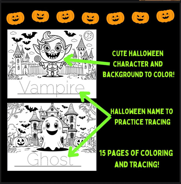 Halloween coloring and name tracing worksheets | 15 cute printable pages for kids | preschool and kindergarten holiday activity PDF