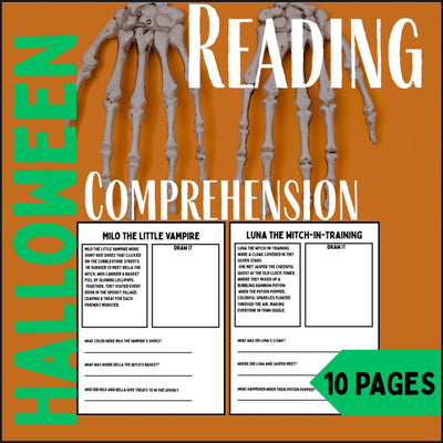 Halloween reading comprehension printable | 10 short stories with questions for kids | fun literacy activity for elementary, preschool, and kindergarten PDF