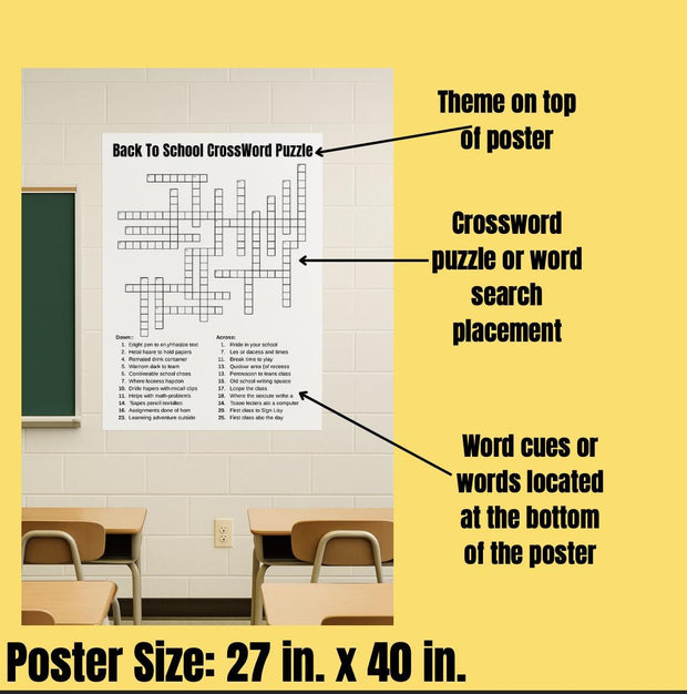 Back to school crossword puzzle and word search poster | 27x40 classroom wall activity | first week of school game and teacher icebreaker