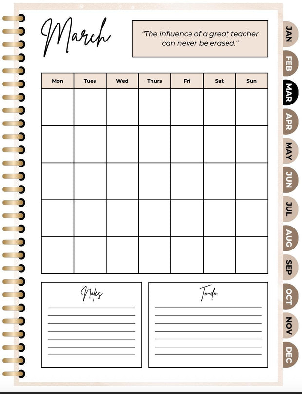 Digital Teacher Planner PDF | Motivational Calendar with Quotes, Notes & To-Do Pages | Printable Teacher Organizer